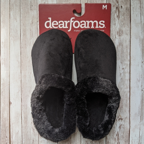 🌼 Dearfoams Fur Slippers Slides, Black M (7/8) NWT - Picture 2 of 5